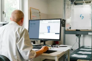 Man in white dress shirt sitting in front of computer